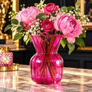 Vintage Pilgrim Cranberry Pink Art Glass Vase Ribbed Scalloped Rim 6” MCM